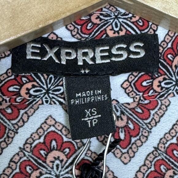 Express Shirt Womens XS Red White Geometric Tile Print Button Down Long Sleeve - Picture 4 of 6